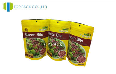 Kuning MOPP / FOIL Plastik Stand Up Kantong Ditangguhkan Untuk Bacon Bits Gravure Printing