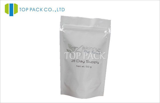 White Aluminium Foil Stand Up Pouch Ditutup Kembali Untuk Teh Dengan Ritsleting