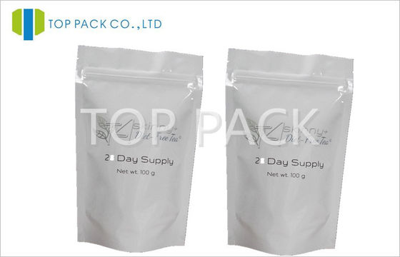 White Aluminium Foil Stand Up Pouch Ditutup Kembali Untuk Teh Dengan Ritsleting